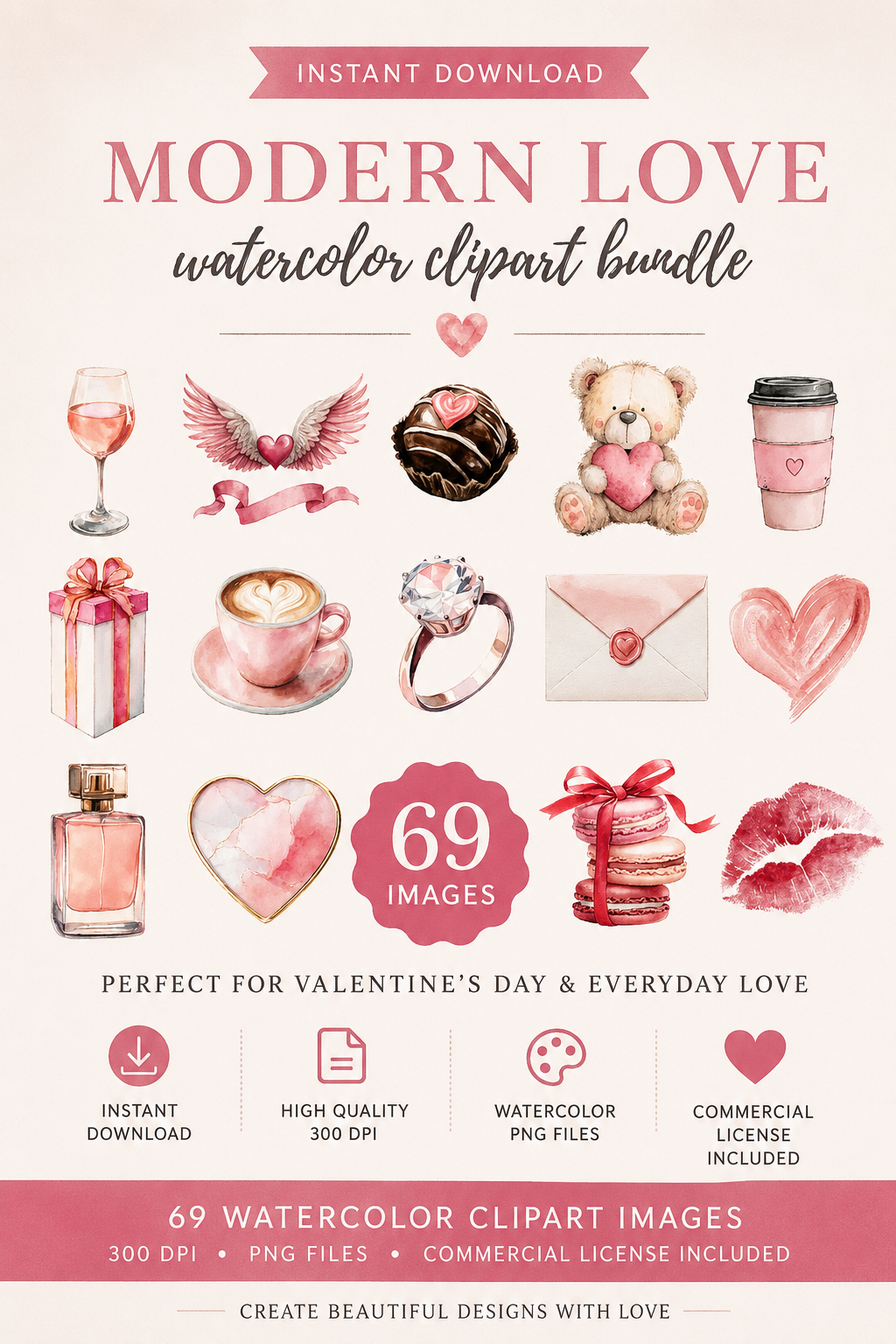 Lot d'images clipart Saint-Valentin "Amour moderne" – 69 PNG aquarelle
