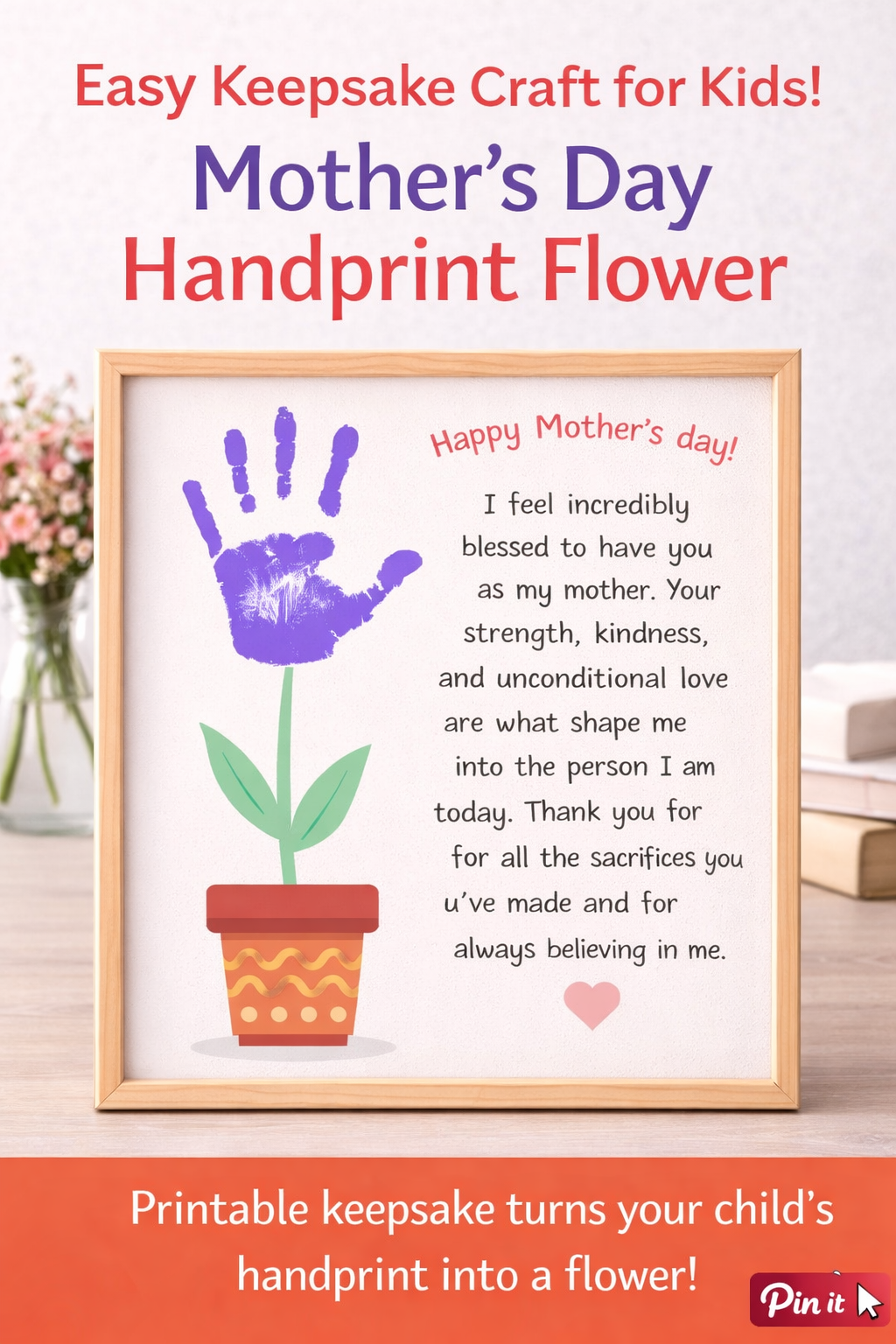 Cadeau imprimable de fleur empreinte de main pour la fête des mères | Bricolage artistique souvenir pour enfants | Cadeau instantané pour maman | Activité préscolaire | Modèle d'empreinte de main