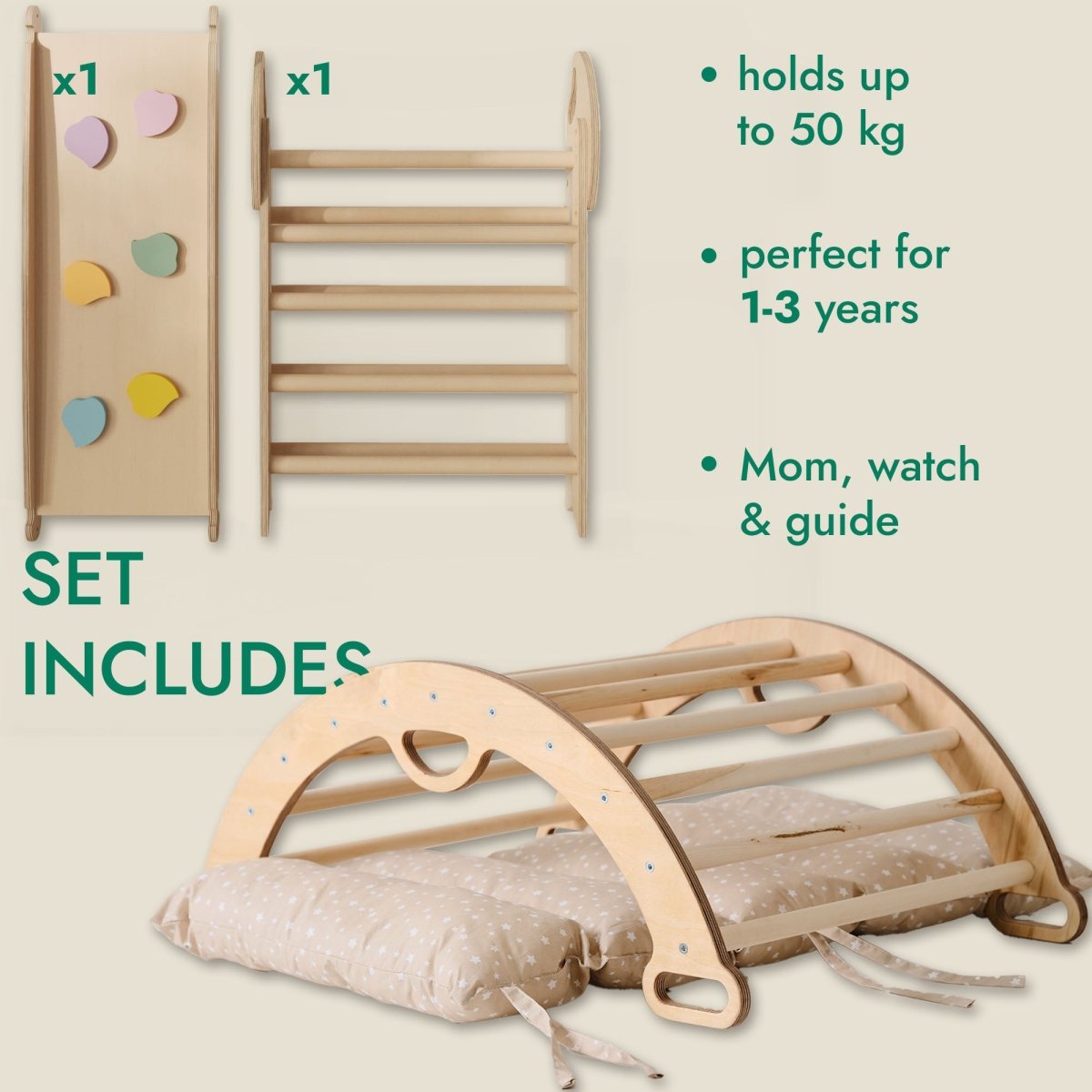 Ensemble d'escalade Montessori 4 en 1 : Triangle de Pikler, arche, planche de glisse et coussin pour tout-petits (1-3 ans)