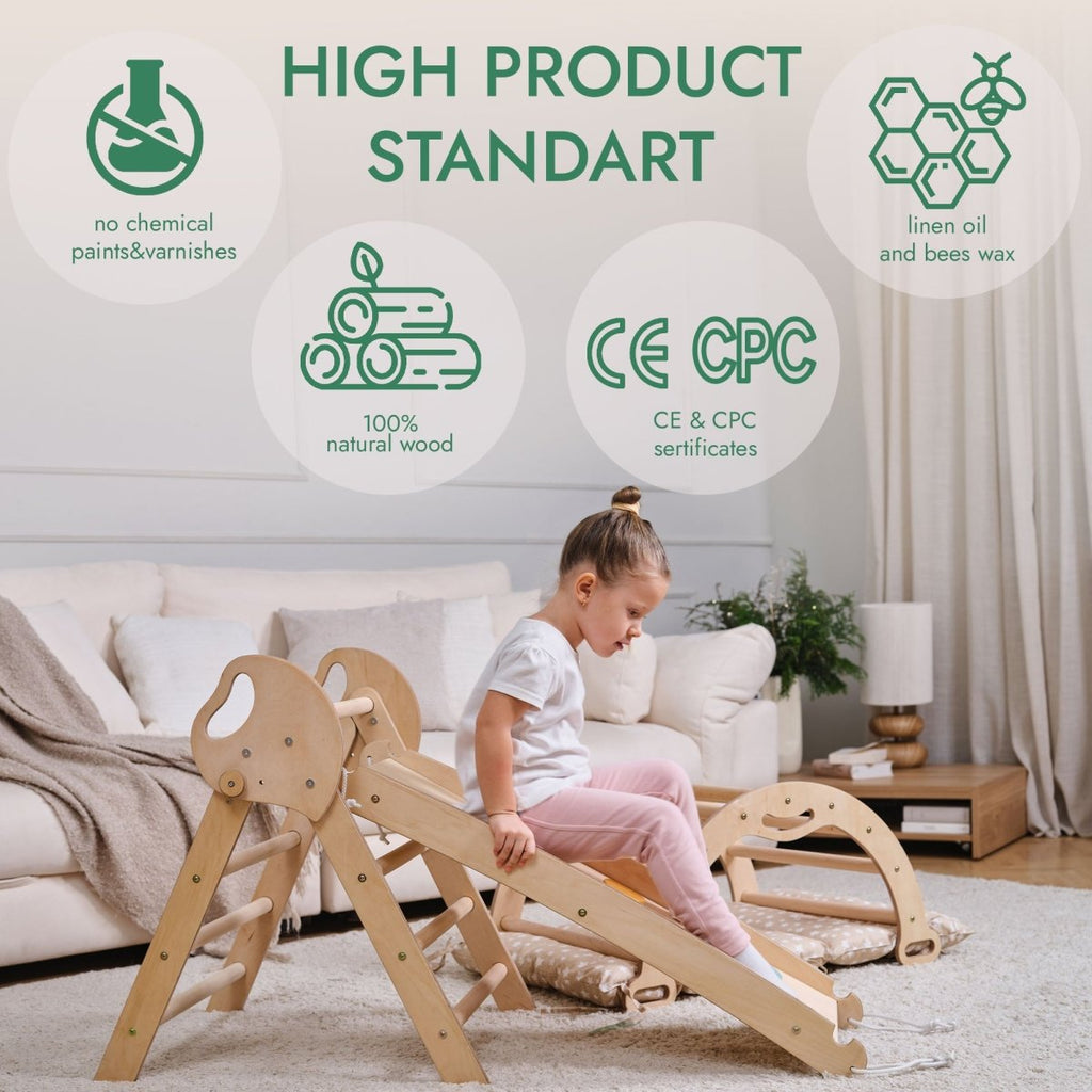 Ensemble d'escalade Montessori 4 en 1 : Triangle de Pikler, arche, planche de glisse et coussin pour tout-petits (1-3 ans)