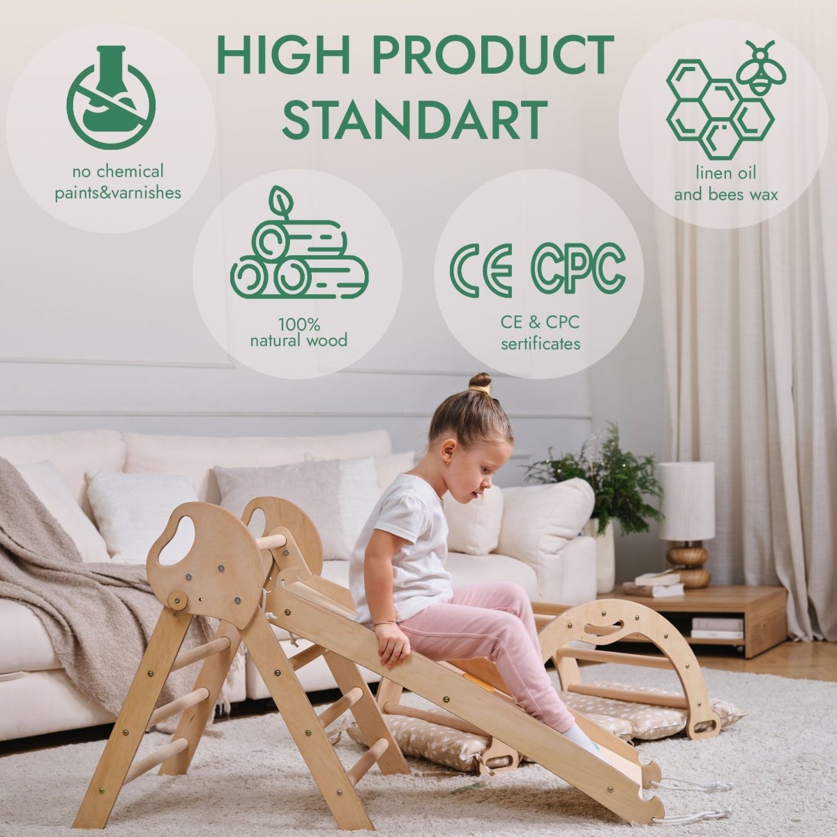 Ensemble d'escalade Montessori 4 en 1 : Triangle de Pikler, arche, planche de glisse et coussin pour tout-petits (1-3 ans)