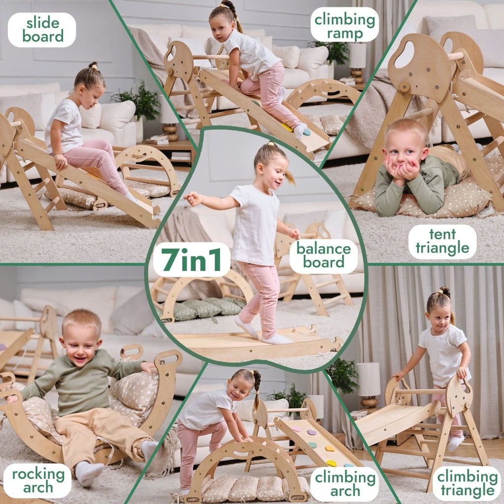 Ensemble d'escalade Montessori 4 en 1 : Triangle de Pikler, arche, planche de glisse et coussin pour tout-petits (1-3 ans)
