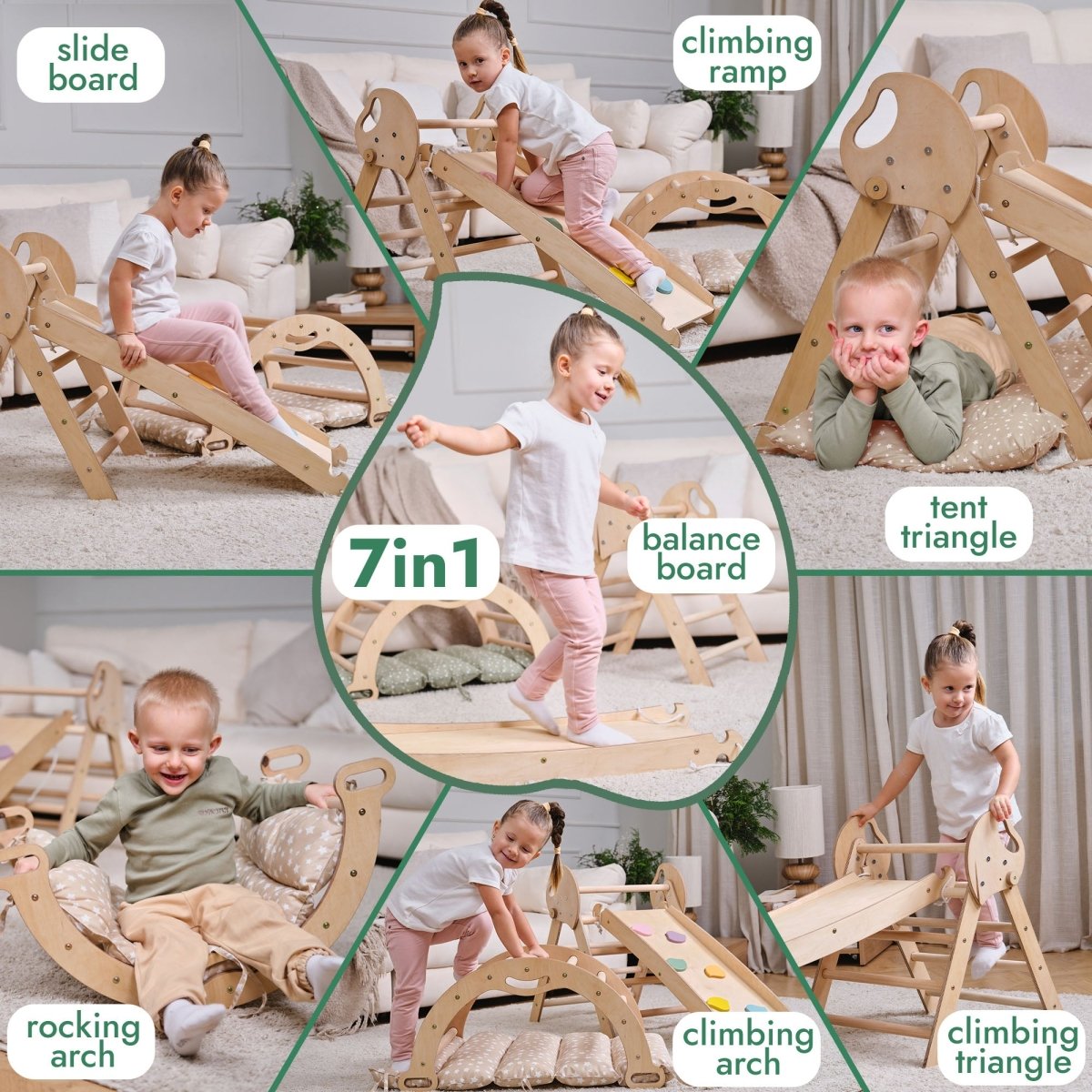 Ensemble d'escalade Montessori 4 en 1 : Triangle de Pikler, arche, planche de glisse et coussin pour tout-petits (1-3 ans)