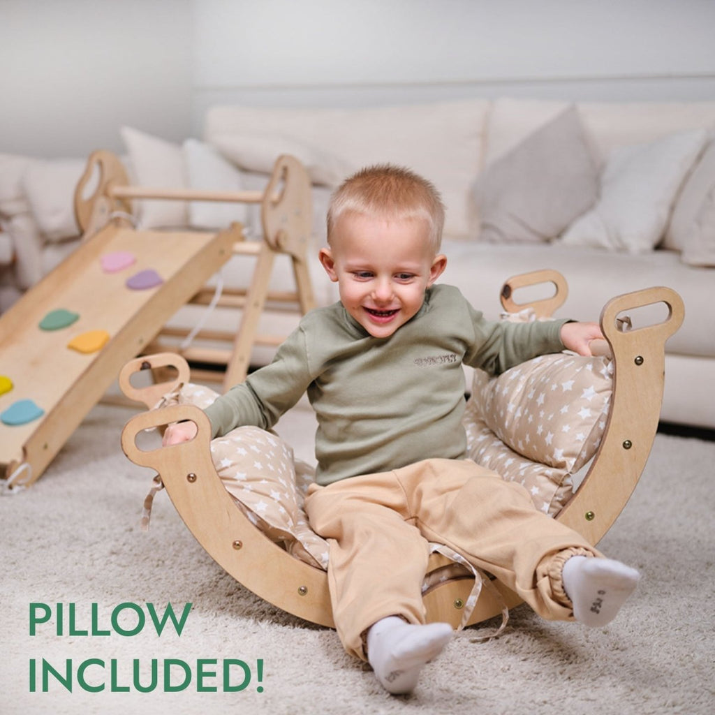 Ensemble d'escalade Montessori 4 en 1 : Triangle de Pikler, arche, planche de glisse et coussin pour tout-petits (1-3 ans)