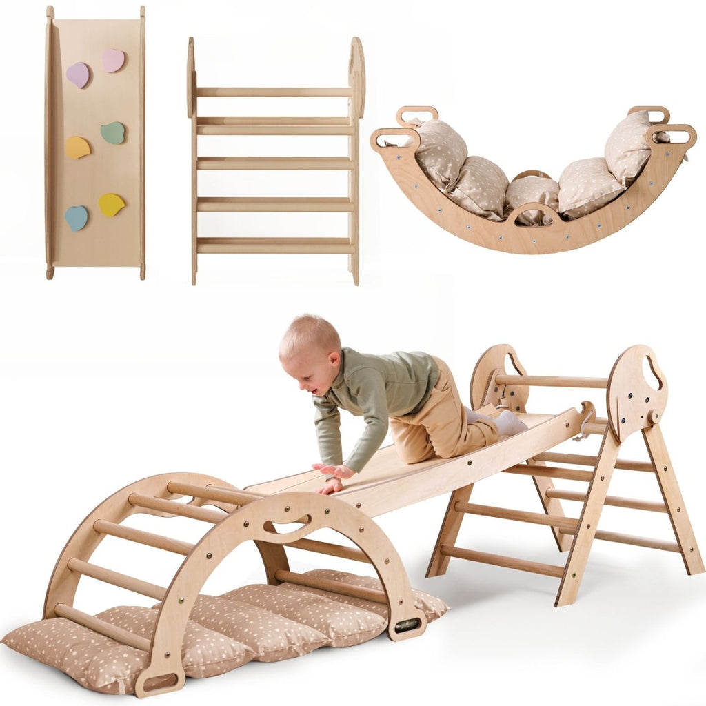 Ensemble d'escalade Montessori 4 en 1 : Triangle de Pikler, arche, planche de glisse et coussin pour tout-petits (1-3 ans)