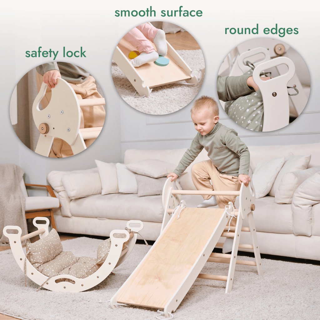 Ensemble d'escalade Montessori 4 en 1 : Triangle de Pikler, arche, planche de glisse et coussin pour tout-petits (1-3 ans)