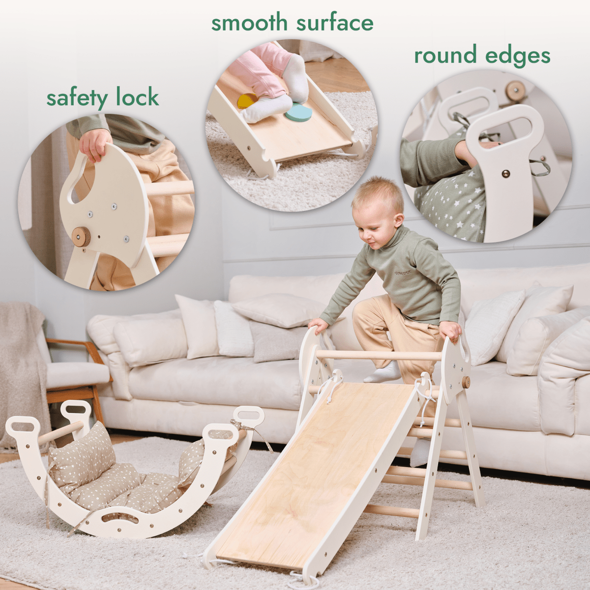 Ensemble d'escalade Montessori 4 en 1 : Triangle de Pikler, arche, planche de glisse et coussin pour tout-petits (1-3 ans)