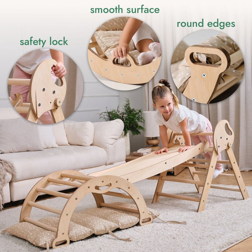 Ensemble d'escalade Montessori 4 en 1 : Triangle de Pikler, arche, planche de glisse et coussin pour tout-petits (1-3 ans)