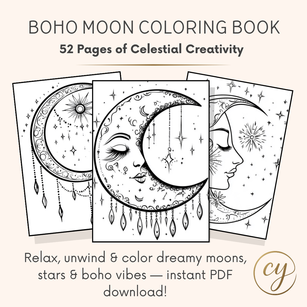 Livre de coloriage Lune Bohème – Téléchargement instantané de 52 pages