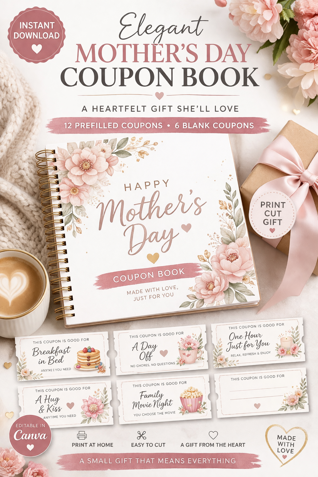 Elegant Mother’s Day Coupon Book Printable | 12 Prefilled + 6 Blank Coupons