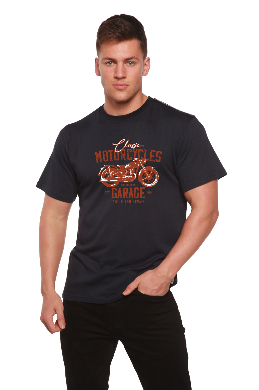 T-shirt graphique à manches courtes en viscose de bambou/coton biologique pour homme Motif Garage à motos