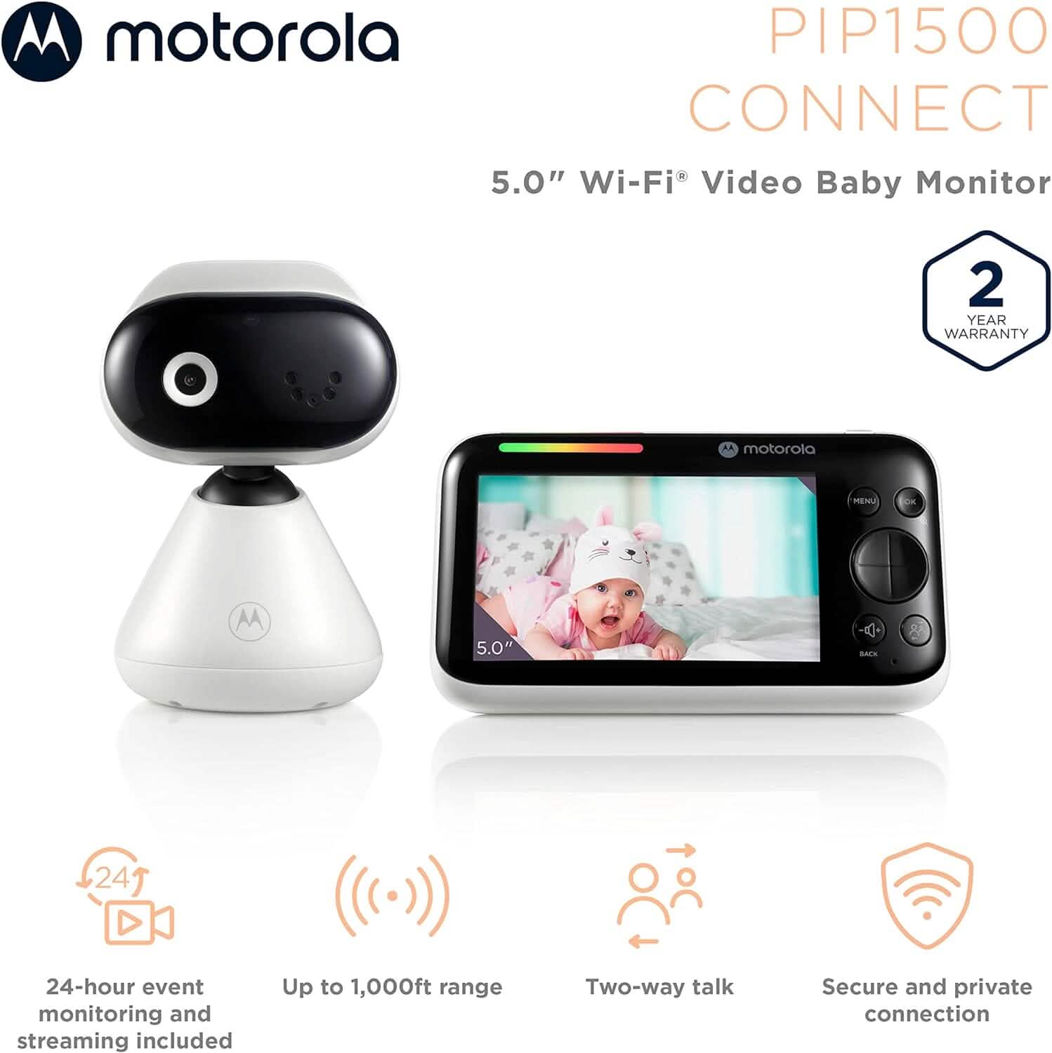 Moniteur bébé vidéo Motorola PIP1500 Connect - Moniteur bébé vidéo Wi-Fi 5" avec caméra (reconditionné)