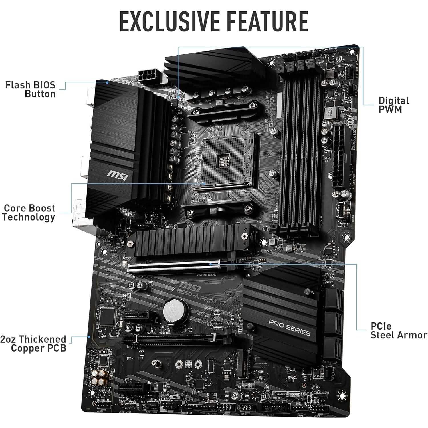 Carte mère MSI B550-A PRO ProSeries (AMD AM4, DDR4, PCIe 4.0, SATA 6Gb/s, M.2, USB 3.2 Gen 2, HDMI/DP, ATX) (Reconditionné)