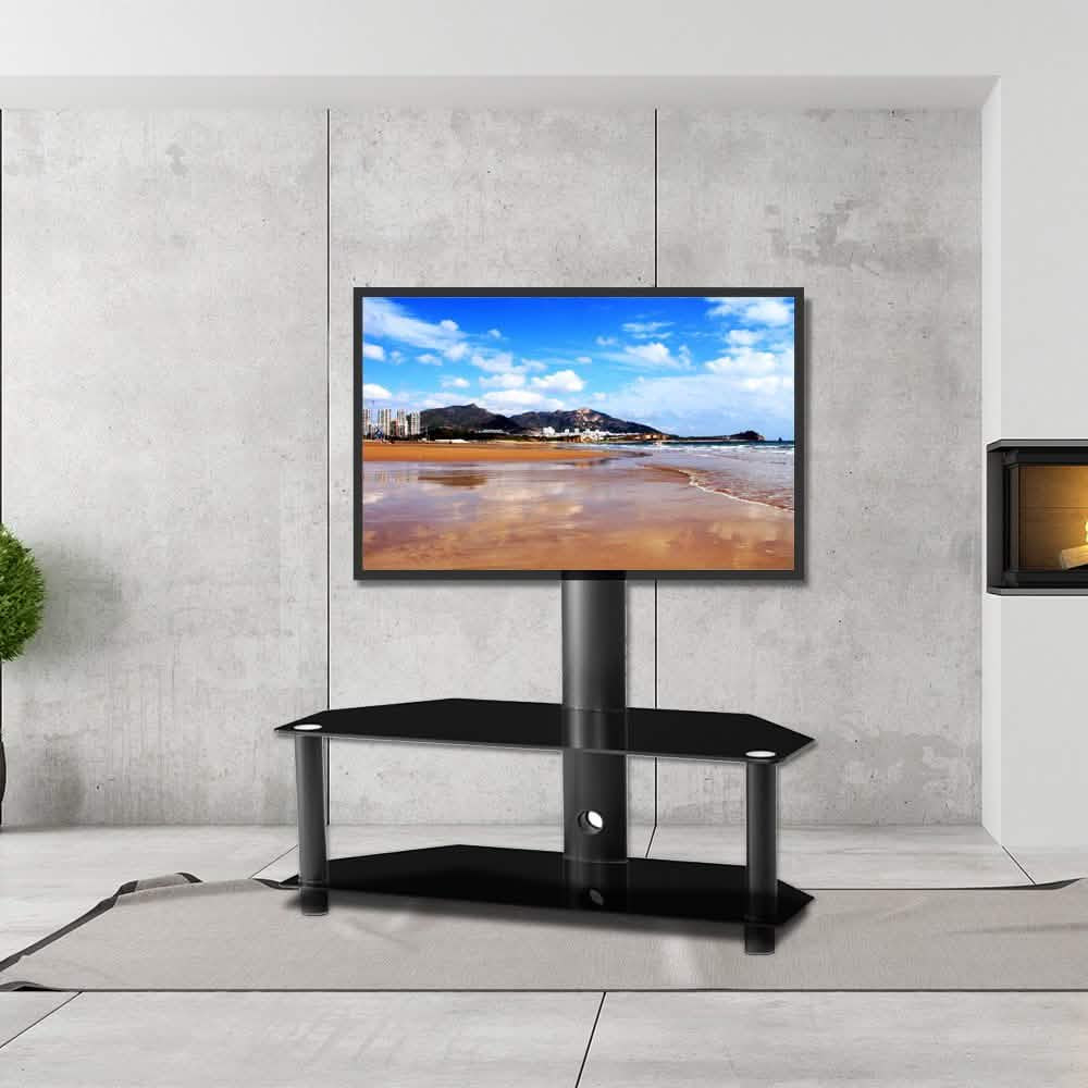 Meuble TV au sol multifonctionnel en verre trempé avec cadre métallique, réglable en hauteur et en angle