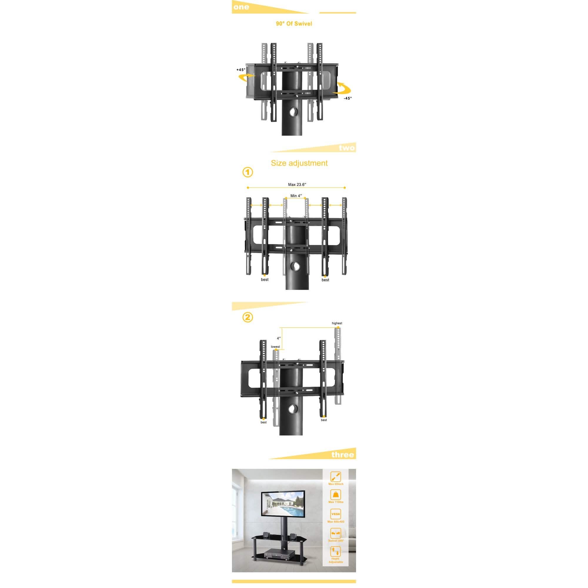 Meuble TV au sol multifonctionnel en verre trempé avec cadre métallique, réglable en hauteur et en angle