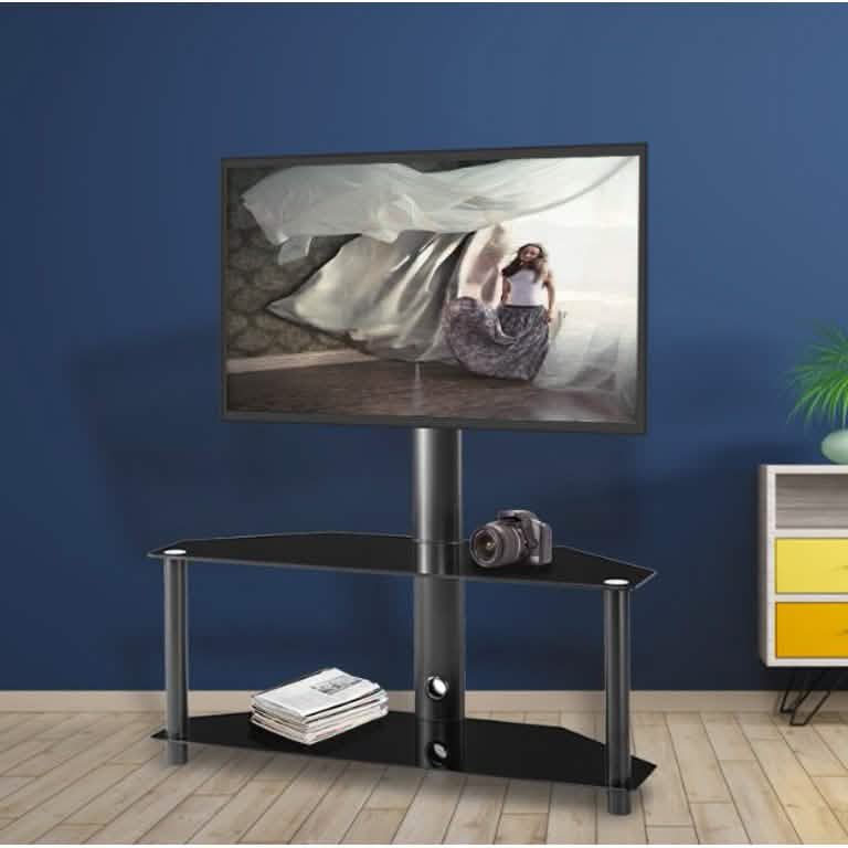 Meuble TV au sol multifonctionnel en verre trempé avec cadre métallique, réglable en hauteur et en angle