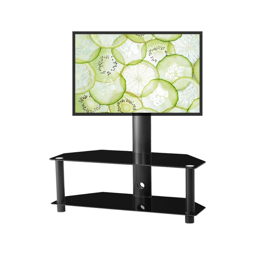 Meuble TV au sol multifonctionnel en verre trempé avec cadre métallique, réglable en hauteur et en angle