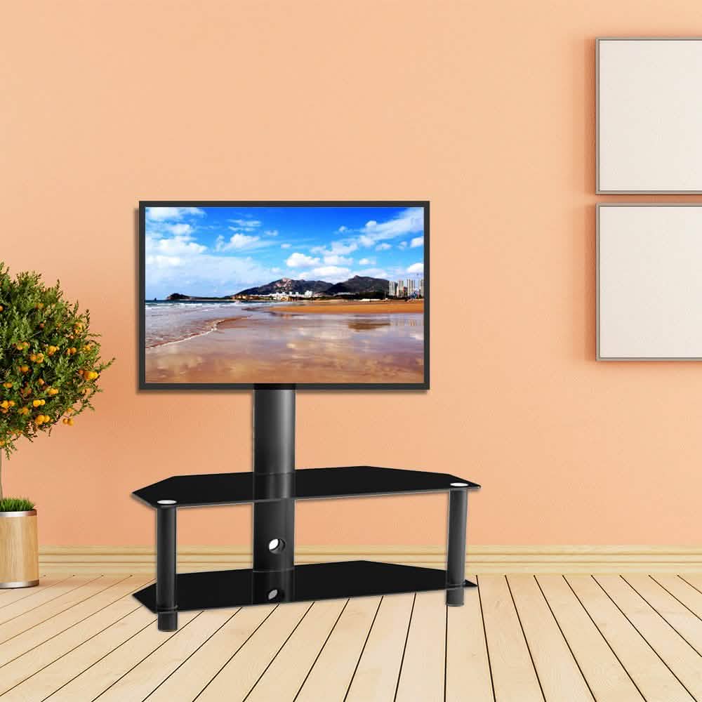 Meuble TV au sol multifonctionnel en verre trempé avec cadre métallique, réglable en hauteur et en angle