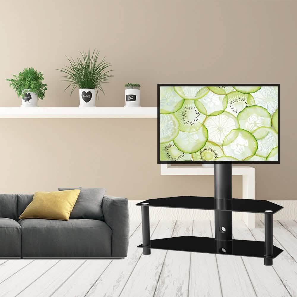 Meuble TV au sol multifonctionnel en verre trempé avec cadre métallique, réglable en hauteur et en angle