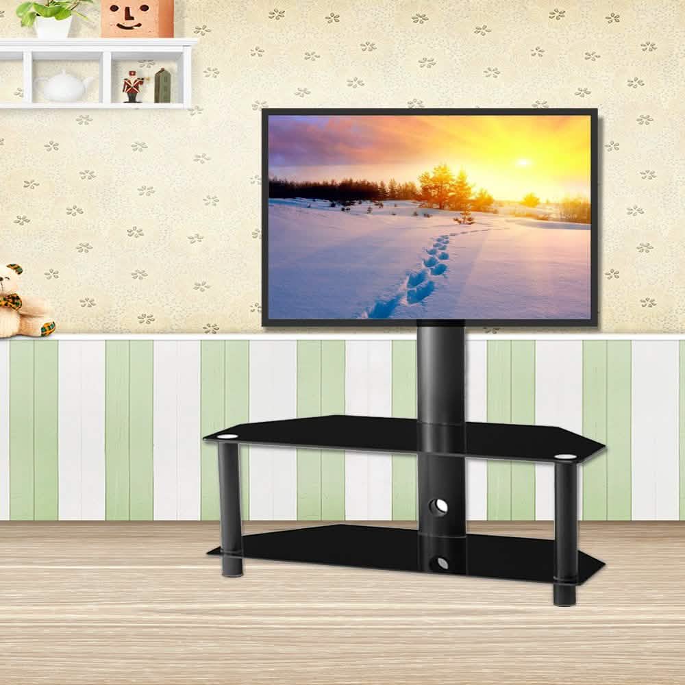 Meuble TV au sol multifonctionnel en verre trempé avec cadre métallique, réglable en hauteur et en angle