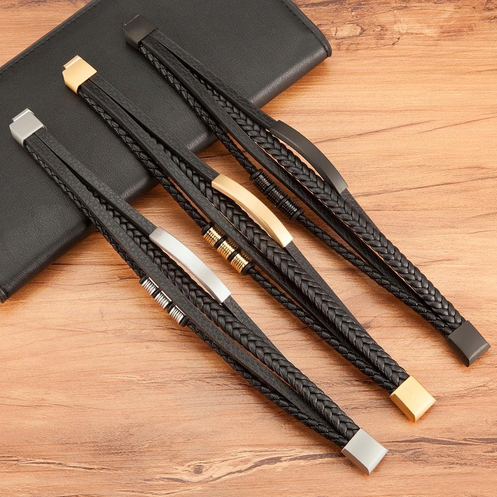 Bracelet en cuir multi-couches en acier inoxydable, bracelets de luxe en métal pour hommes, accessoires de charme, nouveau bracelet en cuir tressé multi-couches marron et noir pour hommes avec fermoir magnétique