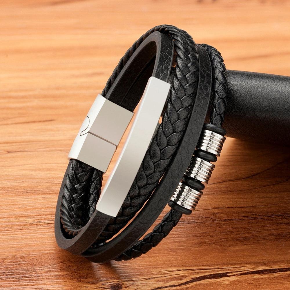 Bracelet en cuir multi-couches en acier inoxydable, bracelets de luxe en métal pour hommes, accessoires de charme, nouveau bracelet en cuir tressé multi-couches marron et noir pour hommes avec fermoir magnétique