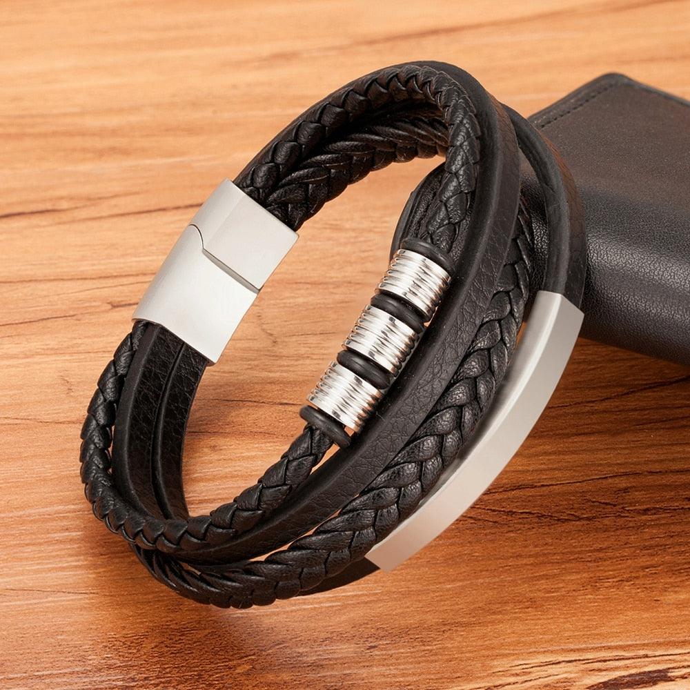 Bracelet en cuir multi-couches en acier inoxydable, bracelets de luxe en métal pour hommes, accessoires de charme, nouveau bracelet en cuir tressé multi-couches marron et noir pour hommes avec fermoir magnétique