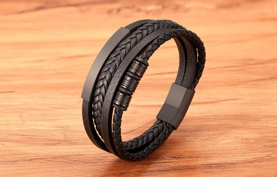 Bracelet en cuir multi-couches en acier inoxydable, bracelets de luxe en métal pour hommes, accessoires de charme, nouveau bracelet en cuir tressé multi-couches marron et noir pour hommes avec fermoir magnétique