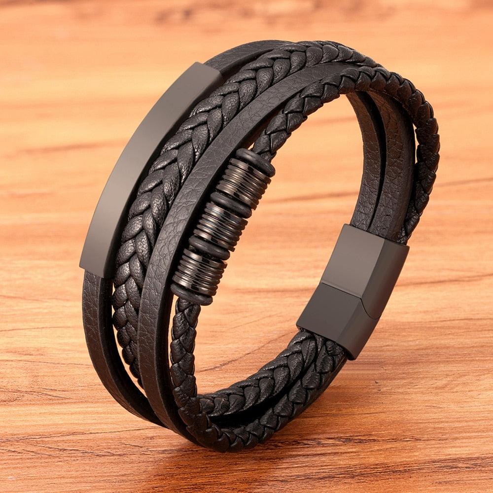 Bracelet en cuir multi-couches en acier inoxydable, bracelets de luxe en métal pour hommes, accessoires de charme, nouveau bracelet en cuir tressé multi-couches marron et noir pour hommes avec fermoir magnétique