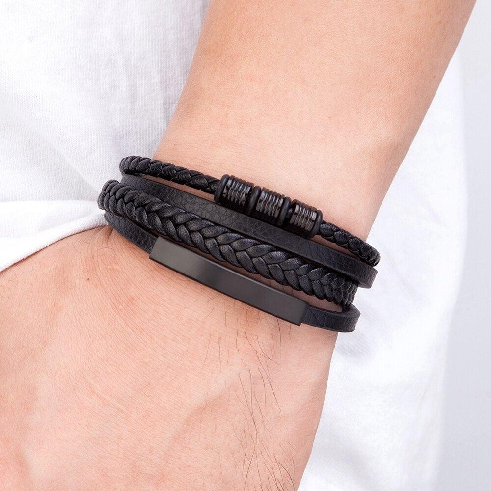 Bracelet en cuir multi-couches en acier inoxydable, bracelets de luxe en métal pour hommes, accessoires de charme, nouveau bracelet en cuir tressé multi-couches marron et noir pour hommes avec fermoir magnétique