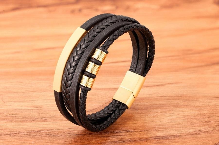 Bracelet en cuir multi-couches en acier inoxydable, bracelets de luxe en métal pour hommes, accessoires de charme, nouveau bracelet en cuir tressé multi-couches marron et noir pour hommes avec fermoir magnétique