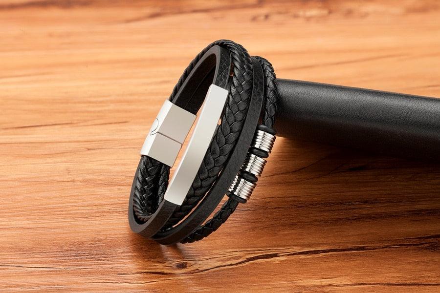 Bracelet en cuir multi-couches en acier inoxydable, bracelets de luxe en métal pour hommes, accessoires de charme, nouveau bracelet en cuir tressé multi-couches marron et noir pour hommes avec fermoir magnétique