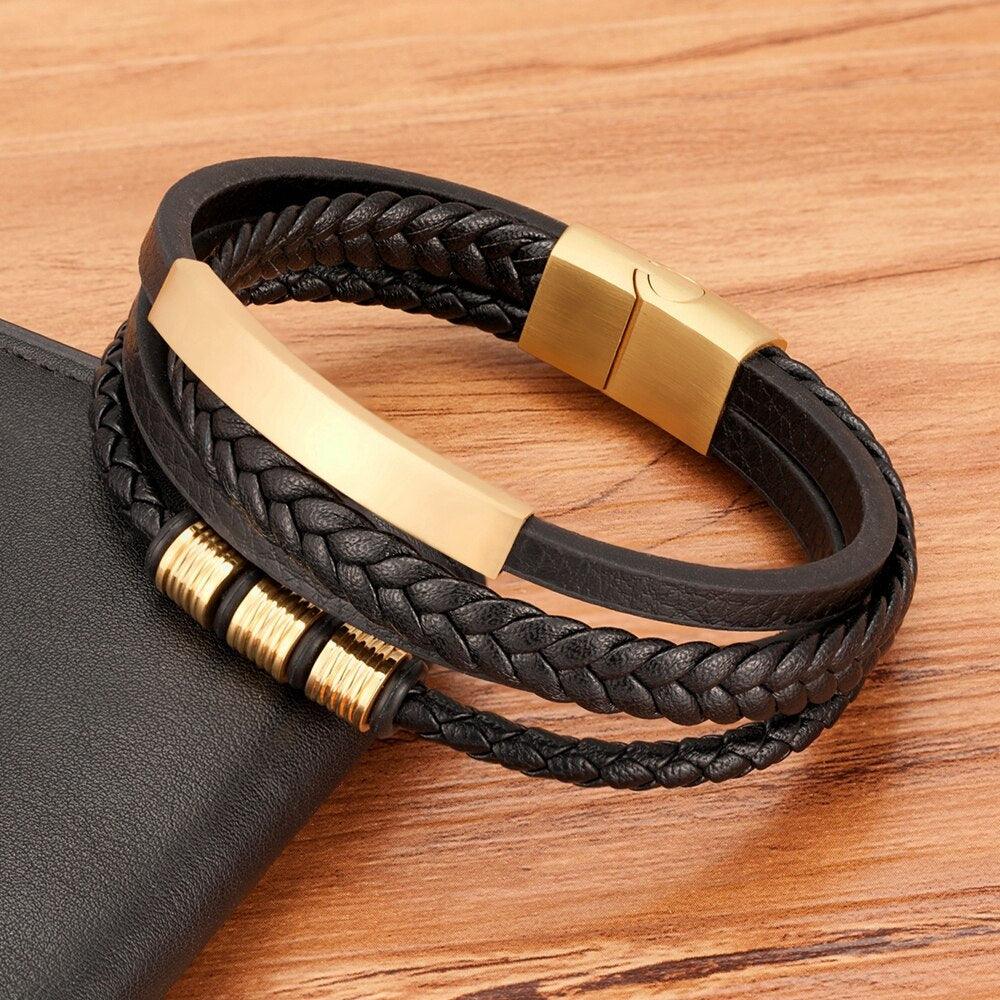 Bracelet en cuir multi-couches en acier inoxydable, bracelets de luxe en métal pour hommes, accessoires de charme, nouveau bracelet en cuir tressé multi-couches marron et noir pour hommes avec fermoir magnétique