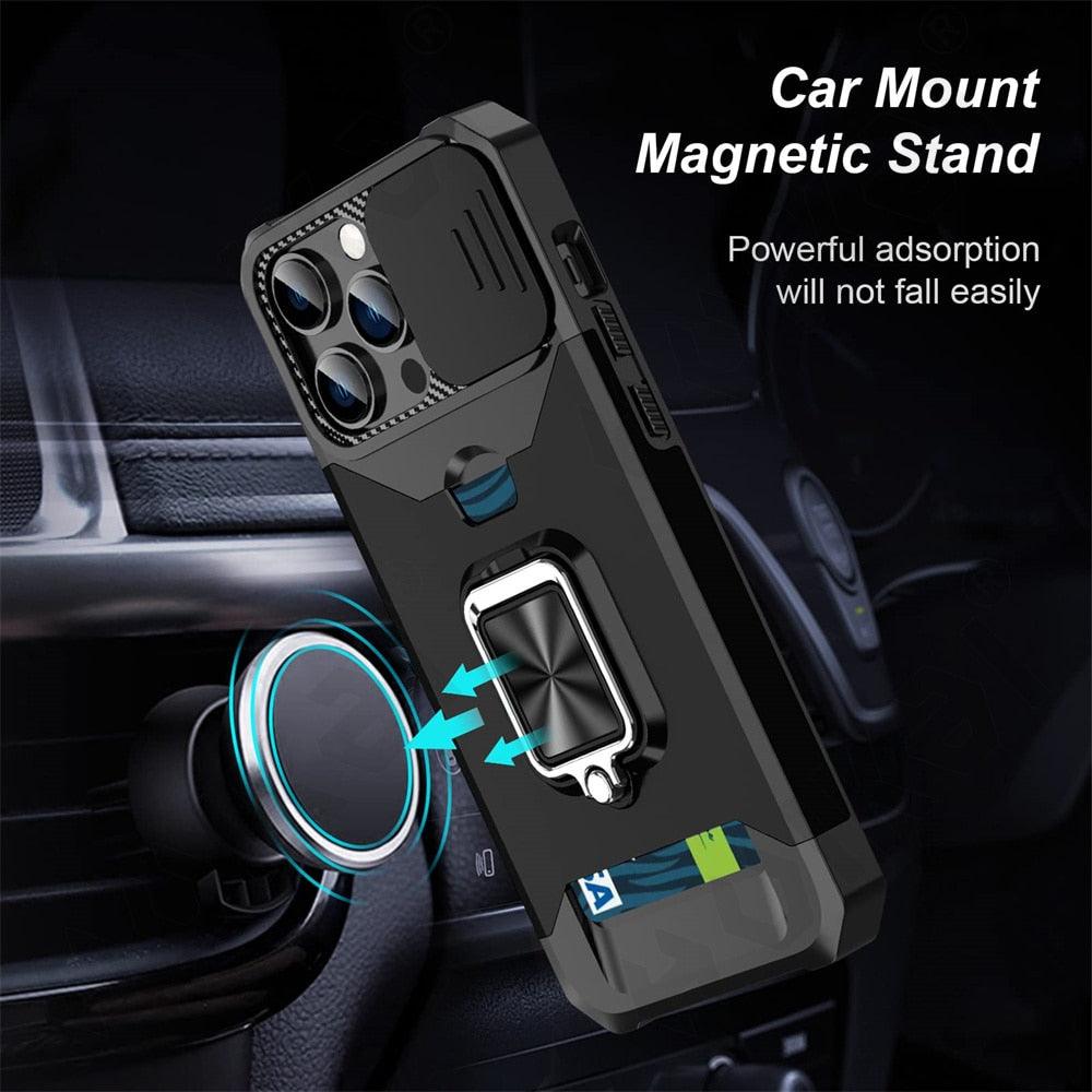 Étui de protection multifonctionnel pour iPhone 14 13 12 11 Pro Max avec porte-cartes robuste, appareil photo coulissant, béquille, fente pour cartes, portefeuille, protection avec anneau de support, coque de téléphone magnétique solide