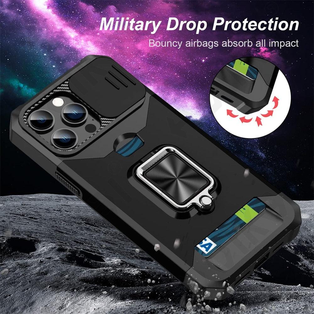 Étui de protection multifonctionnel pour iPhone 14 13 12 11 Pro Max avec porte-cartes robuste, appareil photo coulissant, béquille, fente pour cartes, portefeuille, protection avec anneau de support, coque de téléphone magnétique solide