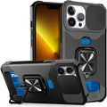 Étui de protection multifonctionnel pour iPhone 14 13 12 11 Pro Max avec porte-cartes robuste, appareil photo coulissant, béquille, fente pour cartes, portefeuille, protection avec anneau de support, coque de téléphone magnétique solide