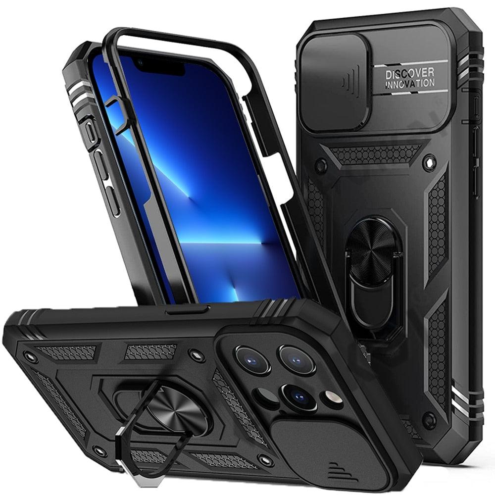 Coque de protection multifonctionnelle robuste avant et arrière antichoc pour iPhone 13 12 11 Pro Max X Max 8 Plus avec béquille rotative pour appareil photo, coque antichoc robuste