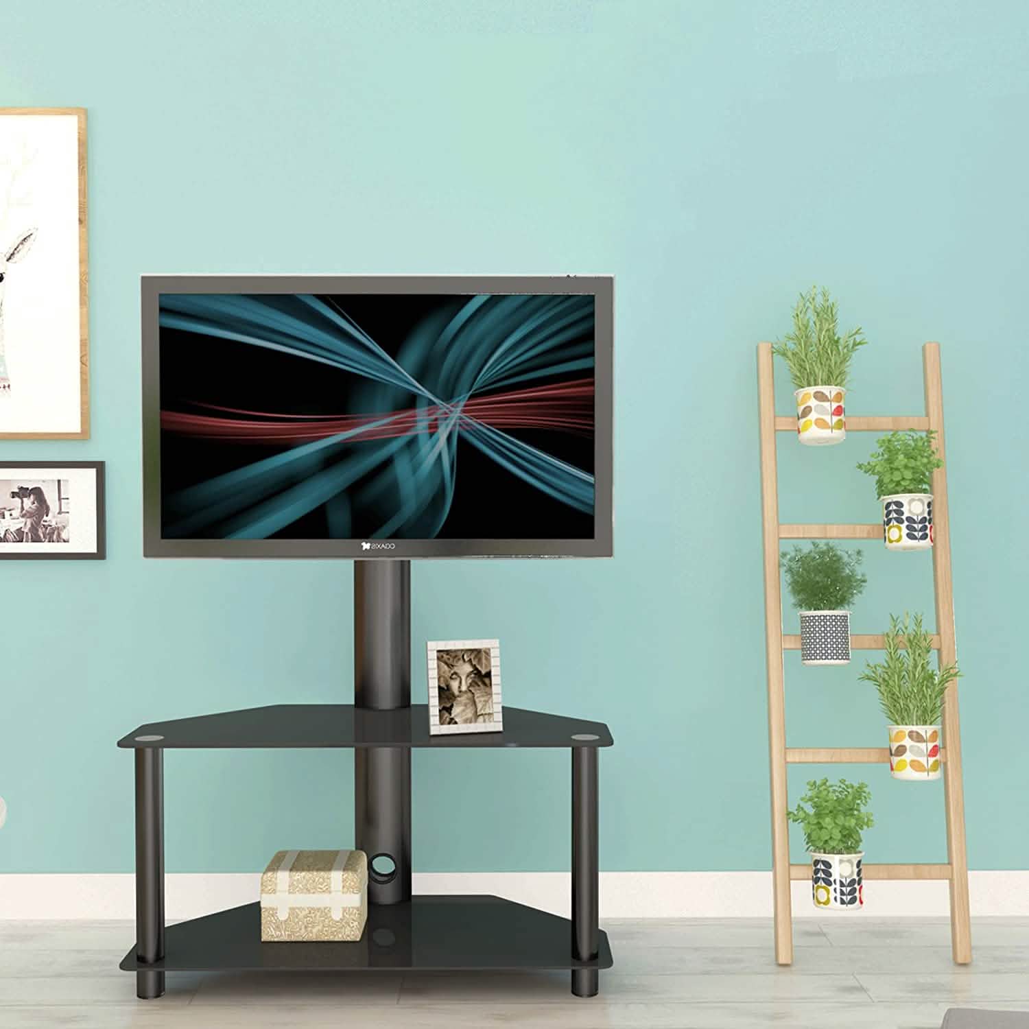 Meuble TV au sol multifonctionnel en verre trempé et métal