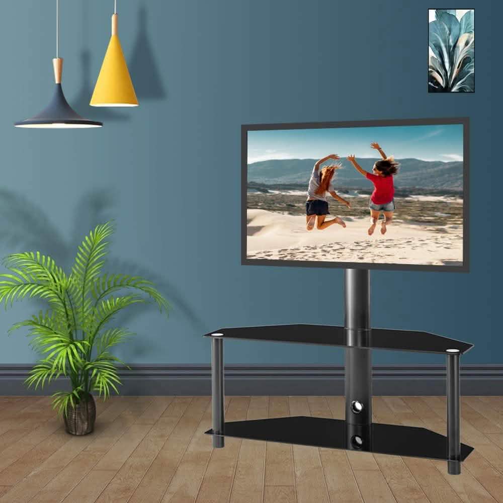 Meuble TV au sol multifonctionnel en verre trempé et métal