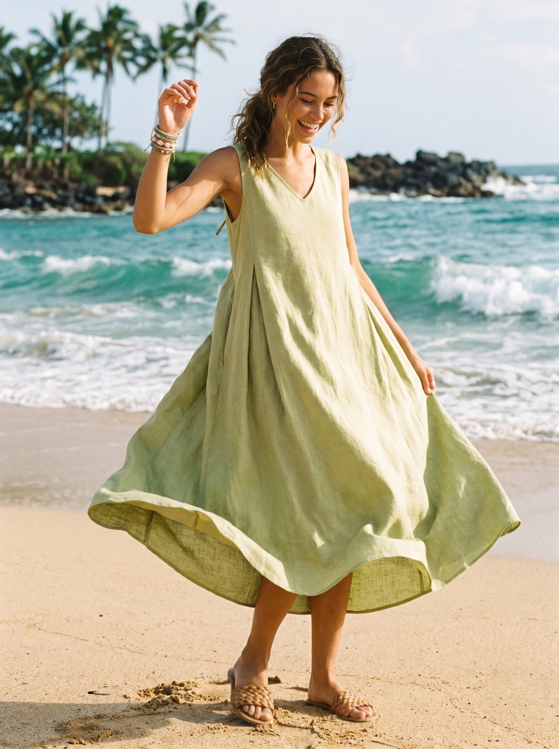Robe midi trapèze sans manches 100 % lin TARA