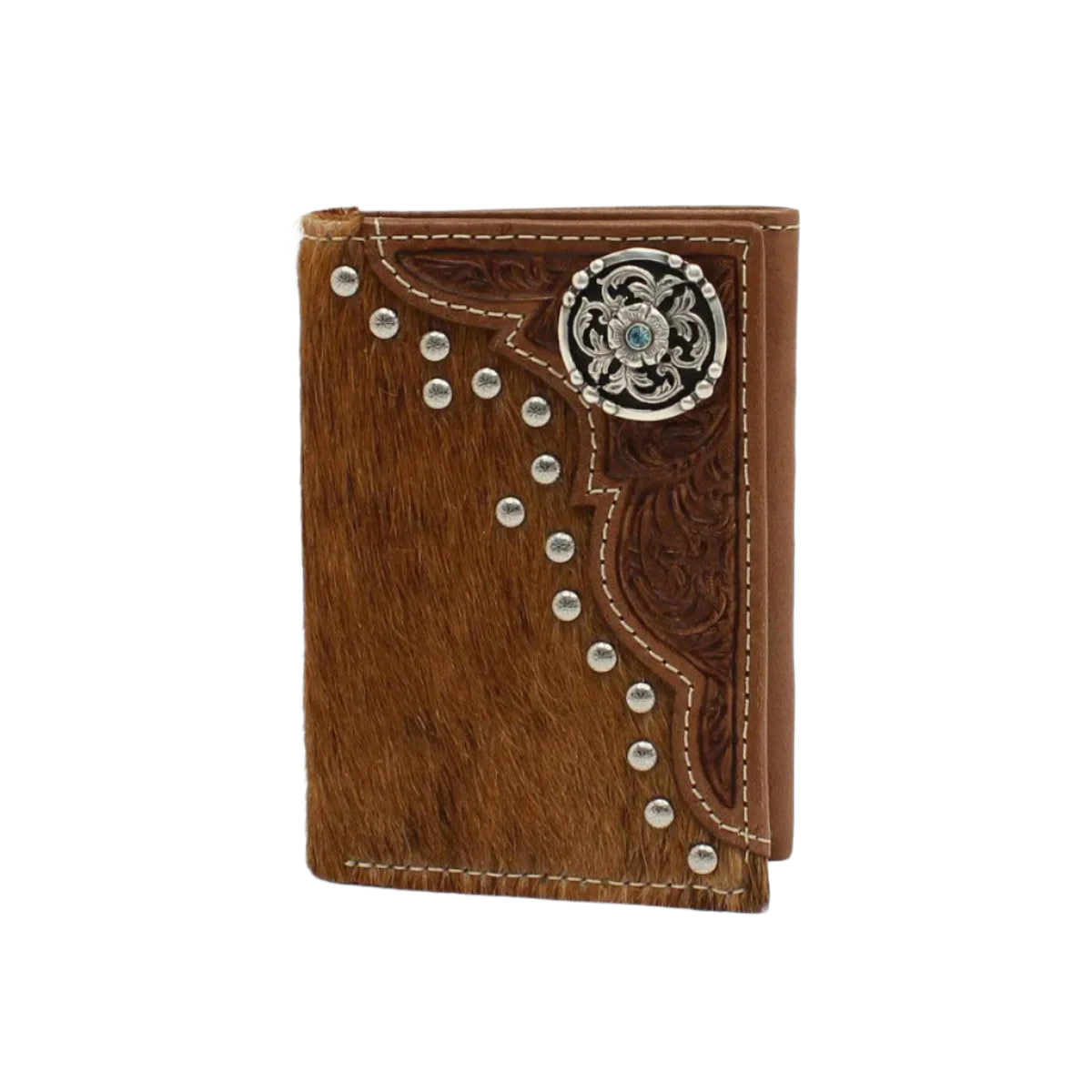 Portefeuille de rodéo Nocona, modèle Trifold en cuir, avec empiècement en poil de veau et concho rond ciselé