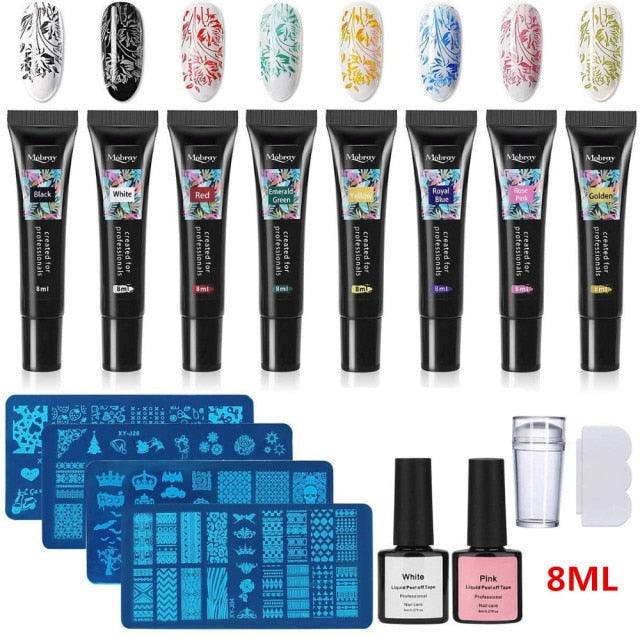 Kit de Gel de Stamping Ongles 8 Couleurs Vernis Gel UV pour Plaque de Stamping Nail Art 4 Planches Gel Ongles Noir Blanc pour Filles et Femmes