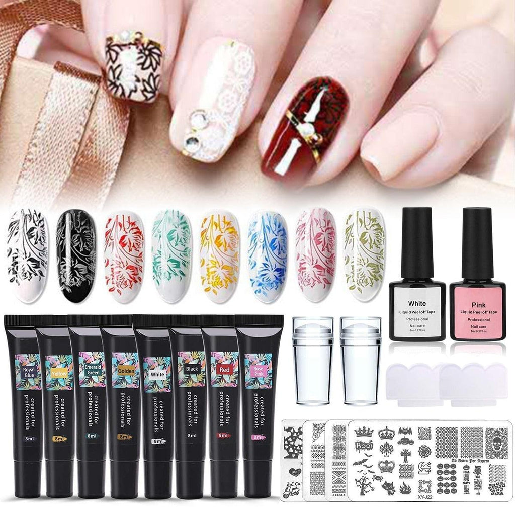 Kit de Gel de Stamping Ongles 8 Couleurs Vernis Gel UV pour Plaque de Stamping Nail Art 4 Planches Gel Ongles Noir Blanc pour Filles et Femmes