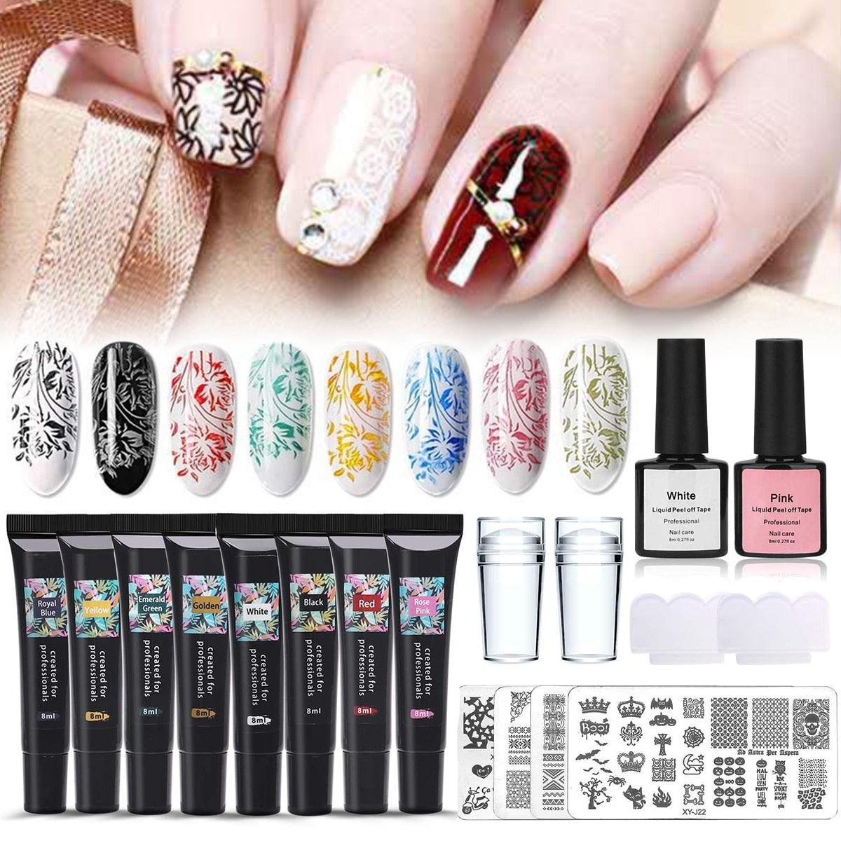 Kit de Gel de Stamping Ongles 8 Couleurs Vernis Gel UV pour Plaque de Stamping Nail Art 4 Planches Gel Ongles Noir Blanc pour Filles et Femmes