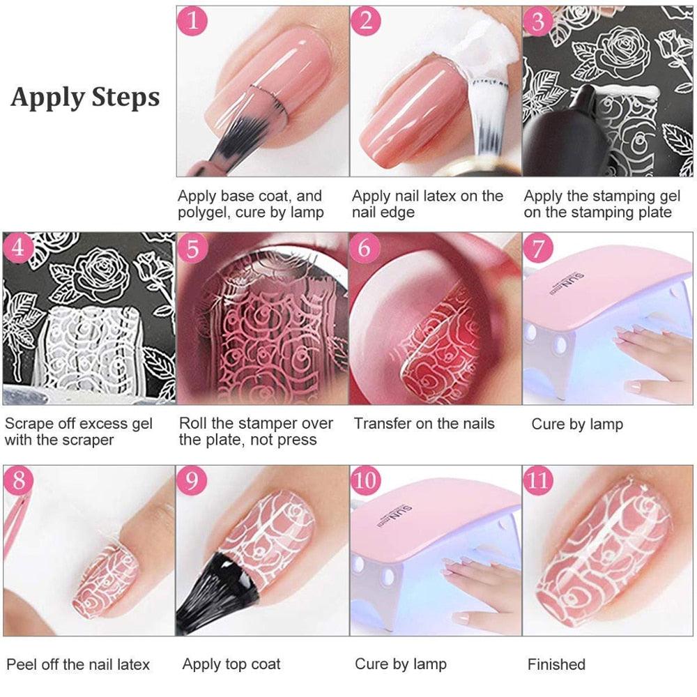 Kit de Gel de Stamping Ongles 8 Couleurs Vernis Gel UV pour Plaque de Stamping Nail Art 4 Planches Gel Ongles Noir Blanc pour Filles et Femmes