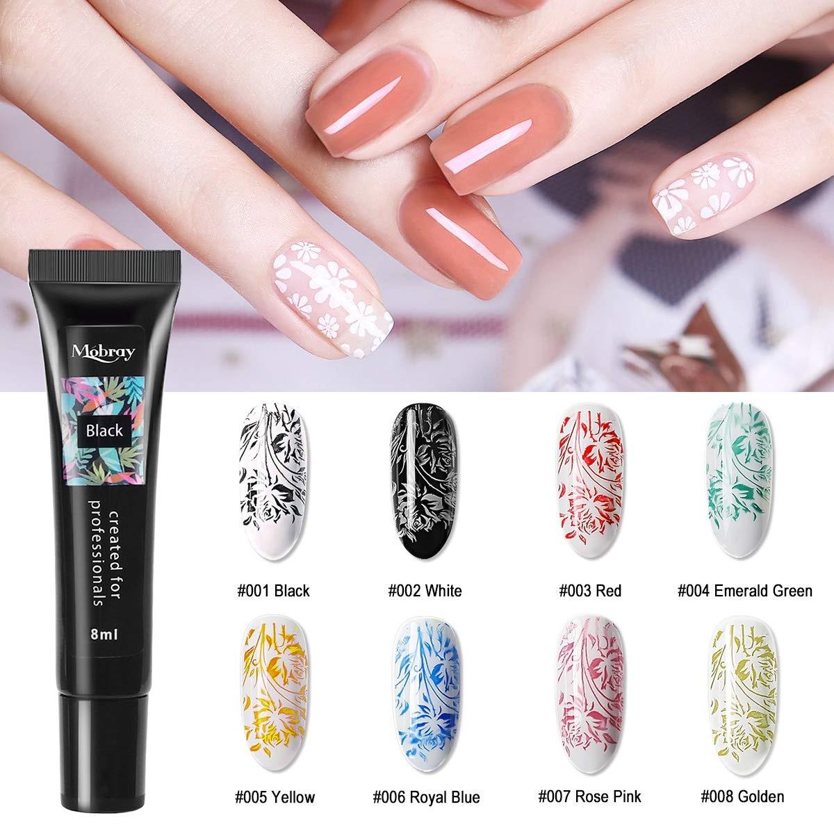 Kit de Gel de Stamping Ongles 8 Couleurs Vernis Gel UV pour Plaque de Stamping Nail Art 4 Planches Gel Ongles Noir Blanc pour Filles et Femmes