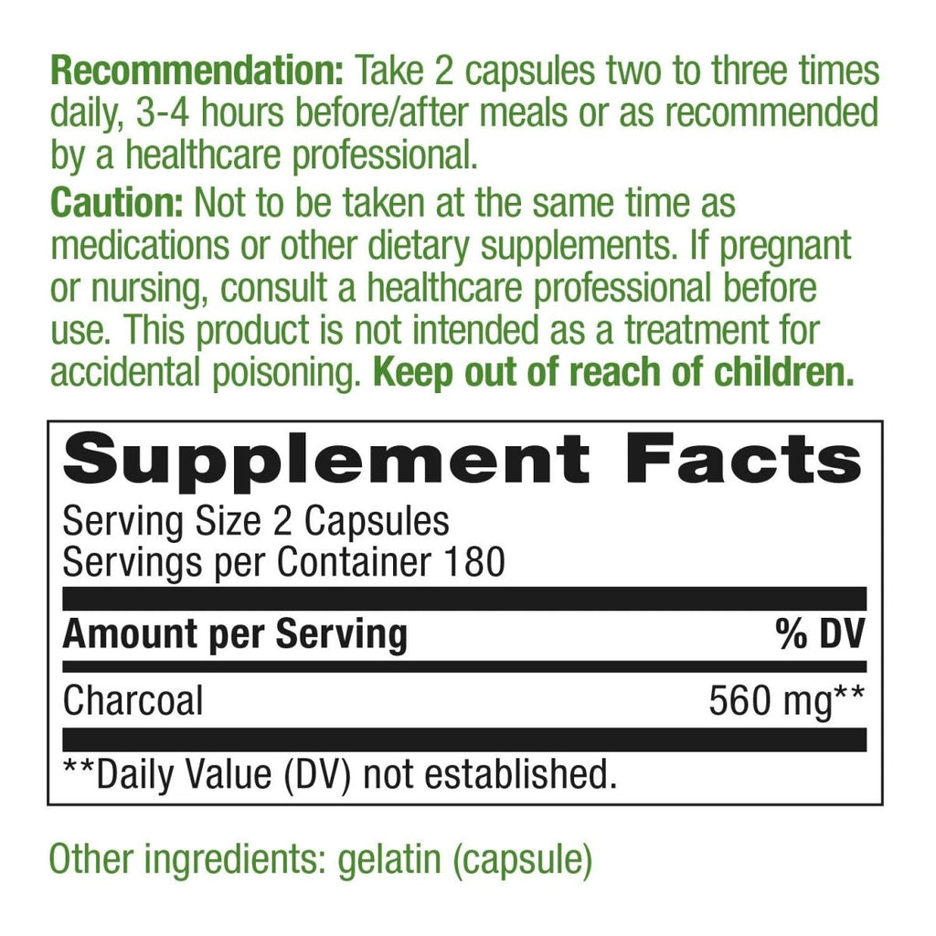 Nature's Way Activated Charcoal, Binds Unwanted Materials and Gas, 560mg per Serving, 360 Capsules