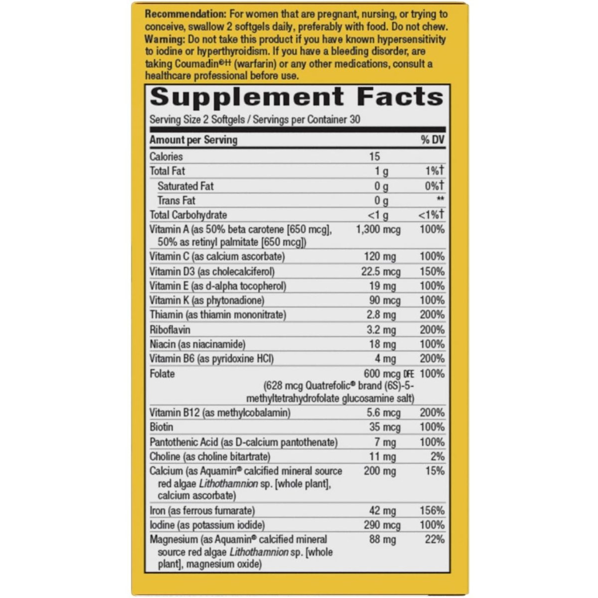 Nature's Way Alive! Complete Premium Prenatal Multivitamin for Women, Healthy Eye and Brain Development, 60 Vegetarian Softgels