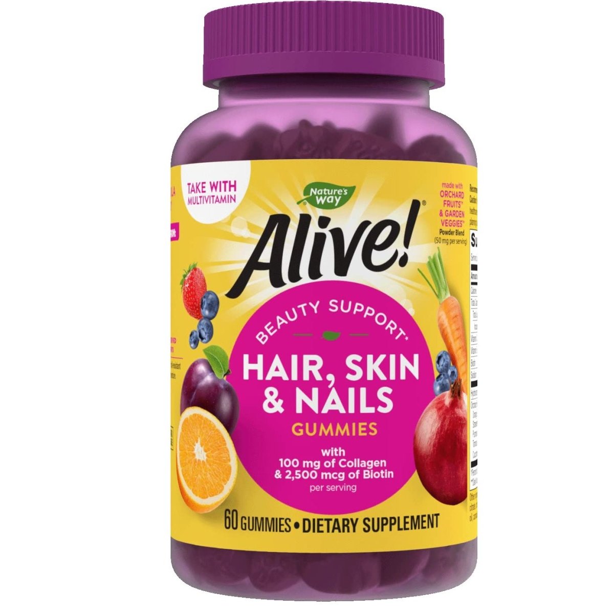 Nature's Way Alive! Gommes pour cheveux, peau et ongles, avec biotine et collagène, soutien beauté, 60 gommes saveur fraise