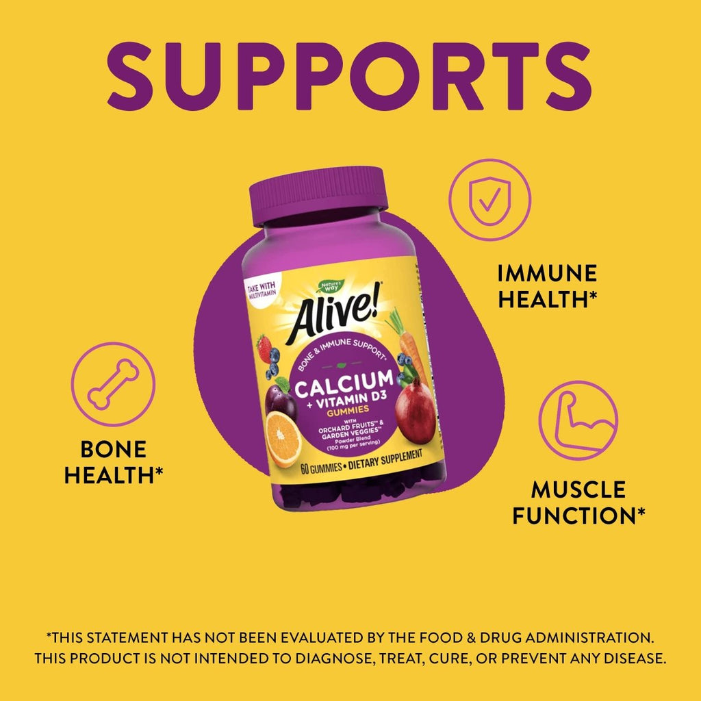 Nature's Way Alive! Premium Calcium + D3 Gummies, Supports Healthy Bones & Muscles, Strawberry and Raspberry Lemonade Flavored, 60 Gummies
